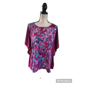 Bob Mackie Raspberry Purple Floral Bat Wing Poly-Knit Top Sz S